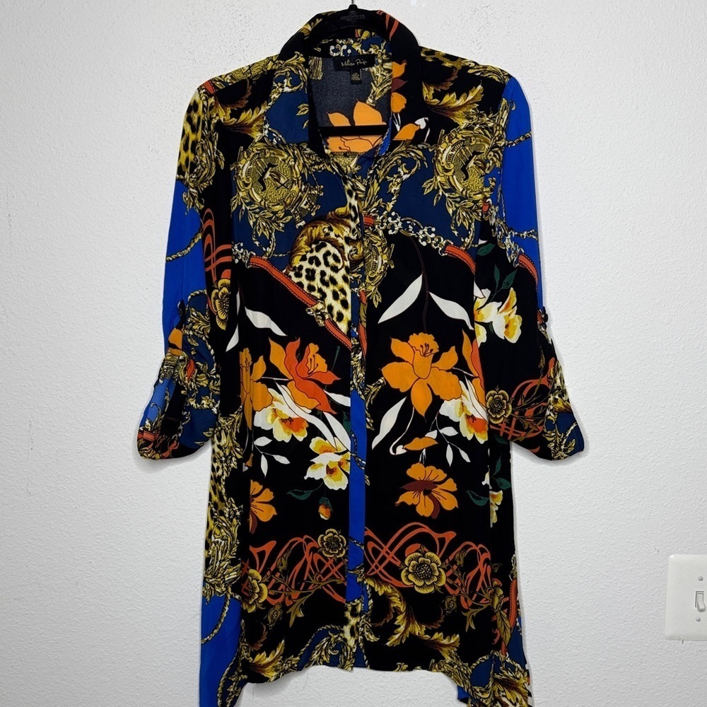 Melissa Paige bohemian dark tropical animal print large blouse